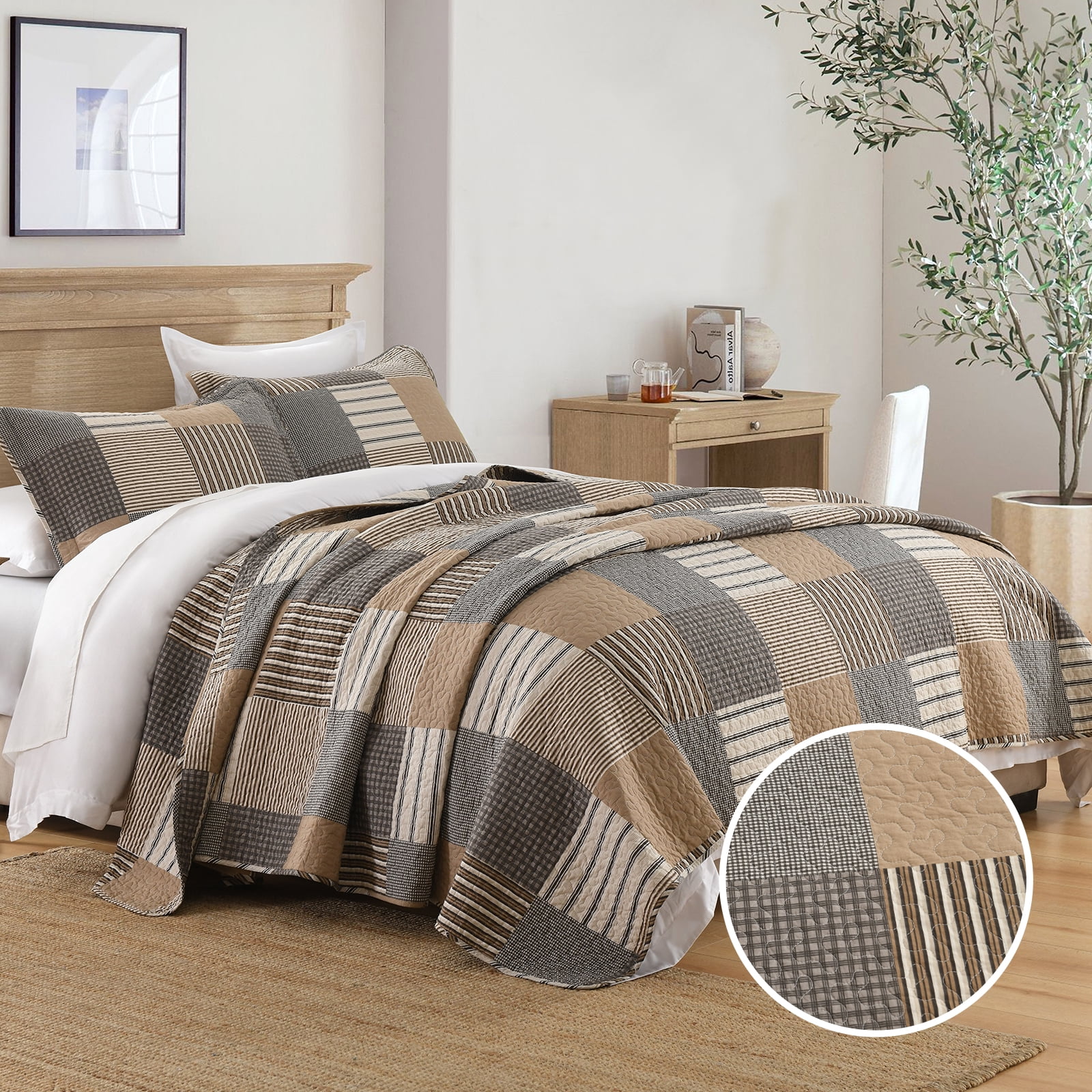 Bedduvit Brown Plaid Queen Size Quilt - 100% Cotton Brown Gray Beige Farmhouse Quilts Bedspread for Queen Bed, Patchwork Cabin Rustic Lightweight Reversible Quilt Set, All-Season 3-Piece Bedding Set