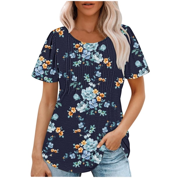 Tops Cortos para las Mujeres Cuello Redondo Suelto Impreso de Manga Corta, Tops Sueltos para las Mujeres