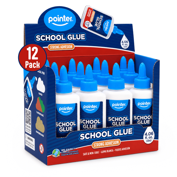Pointer School Glue, Washable and Non-Toxic, 4.06 fl oz (120mL) Bottles, 12-Pack, Dries in 30 Minutes to 1 Hour
