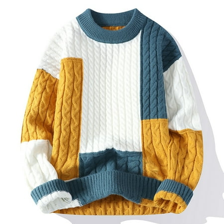 ZCFZJW Fall Mens Fashion Knitwear Lightweight Casual Long Sleeve Round Neck Color Block Print Pullover Sweater Tops Trendy Cable Knit Jumpers Green L