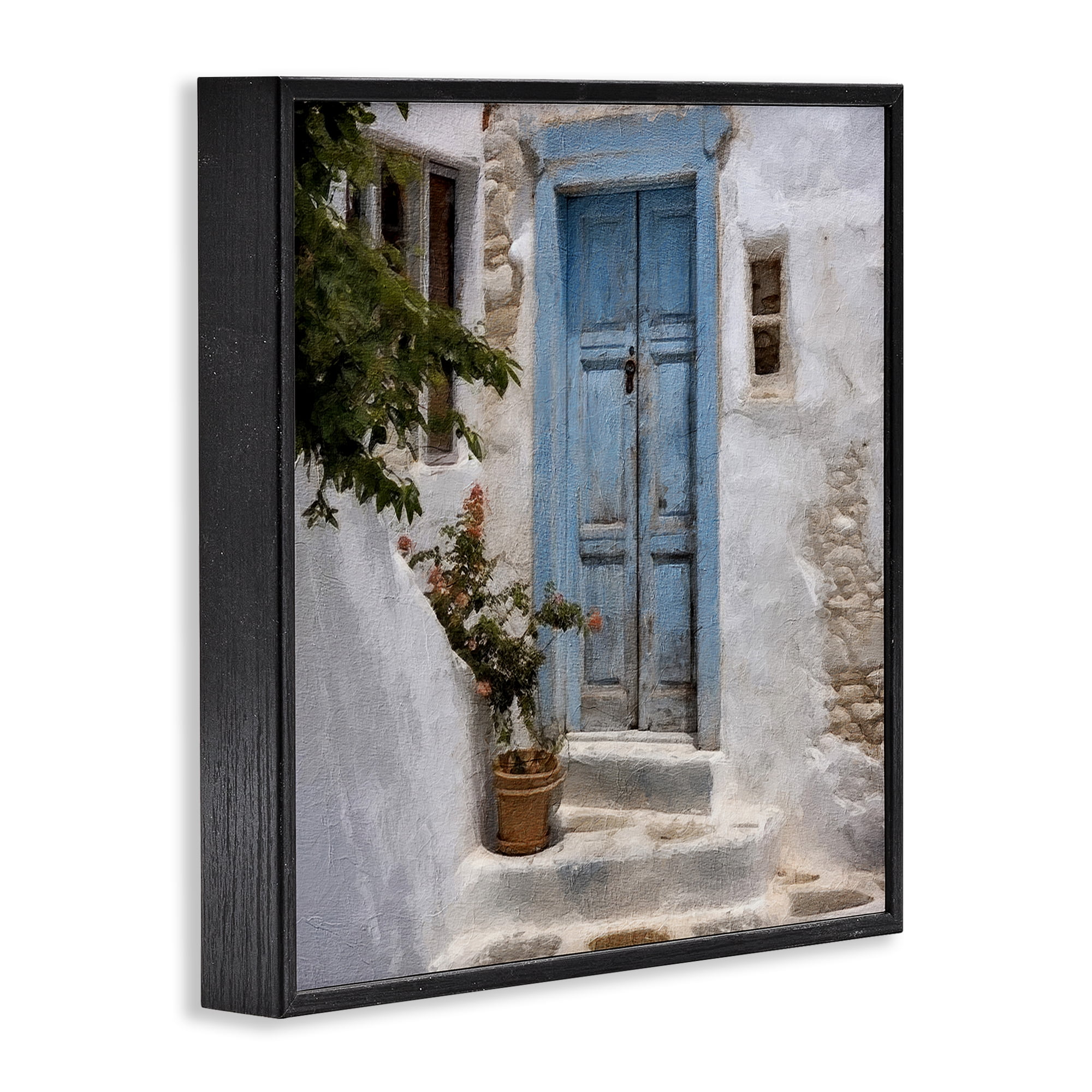 Stupell Industries Blue Greek Door Town & City Painting Black Framed Art Print Wall Art, 17 x 17