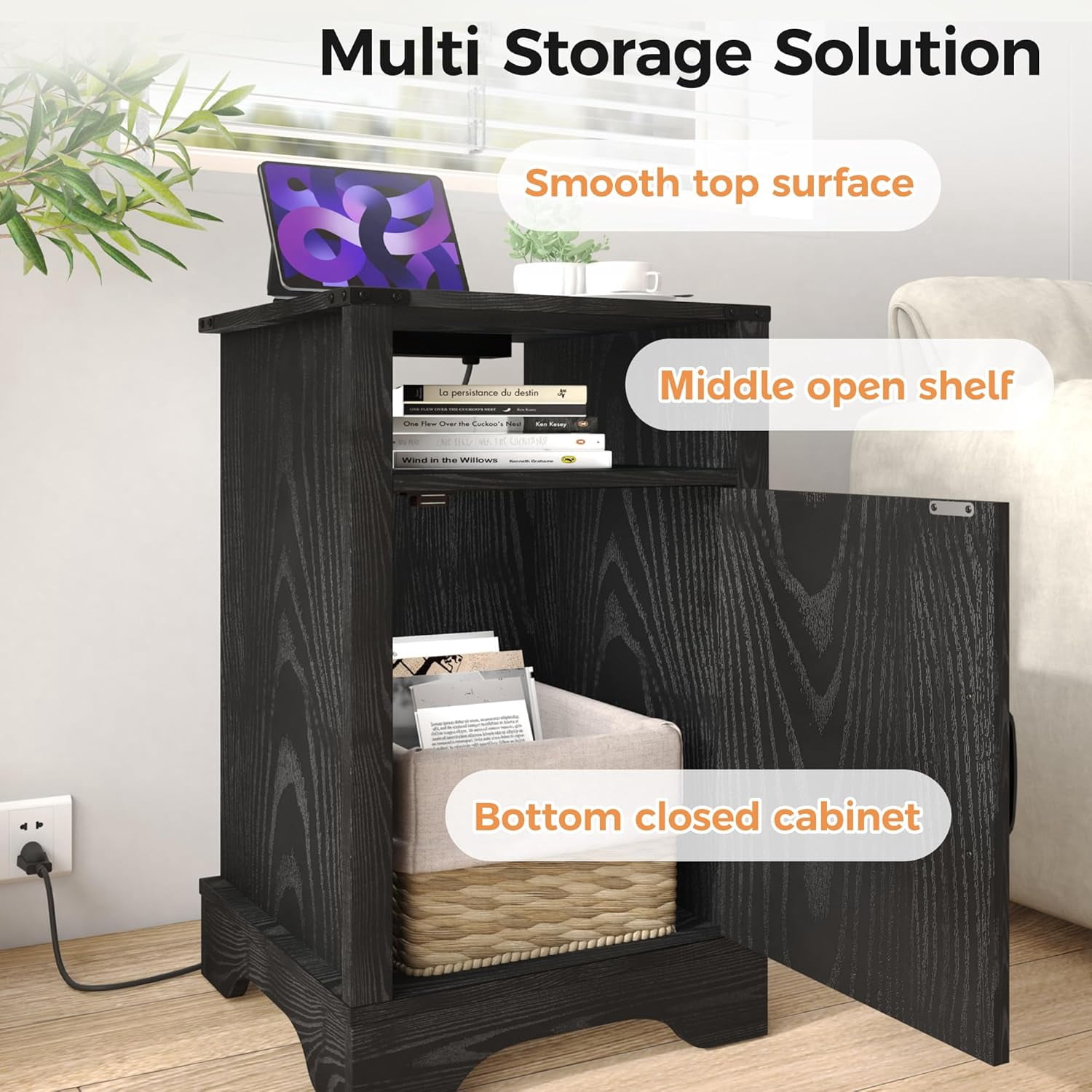 CozyHome Farmhouse Nightstand Set of 2 with Charging Station, Wooden End Table, Rustic Night Stand with Storage Cabinet and Shelf, Tall Bedside Table for Bedroom, Living Room, Black