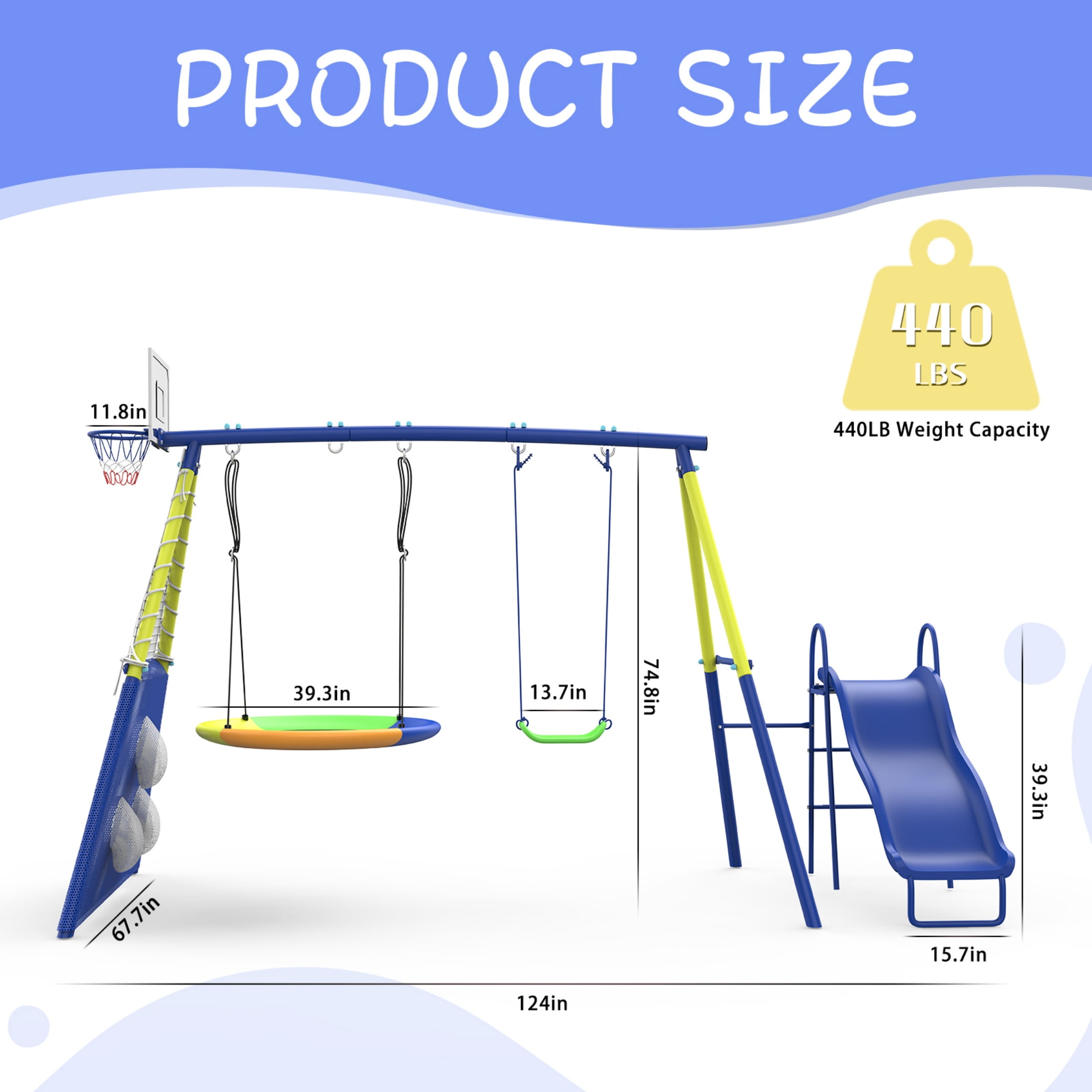 SENCHO GINSYTALIOR Swing Set With Climbing Ladder, Climbing Net, Trapeze bar, Hammock Swing, Belt Swing, Basketball hoop for Backyard