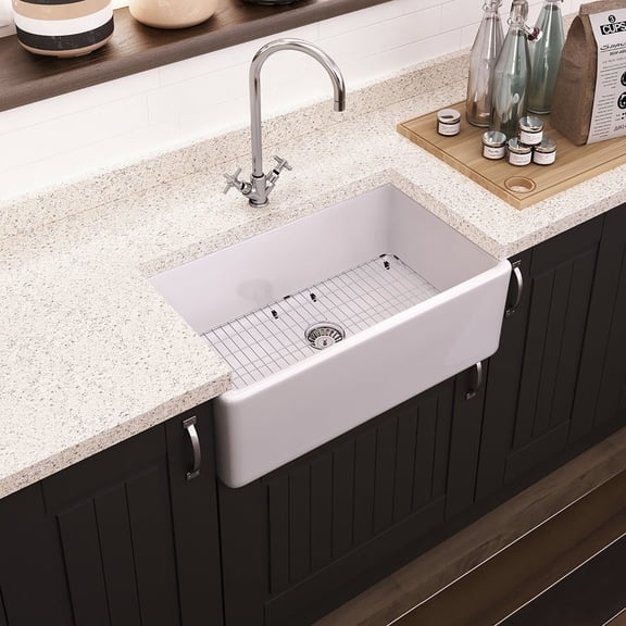 Nuie Kitchen Sink with Grid, 33 inch Single Bowl Apron Front Farmhouse Sink, Fireclay Ceramic Finish Kitchen Sinks, Central Waste - 33x18x10" (White)