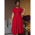 thumbnail image 3 of Elegant Red Womens Dress With Round Neck, Pleated Puff Sleeves, And Waist Belt Decor, 3 of 6