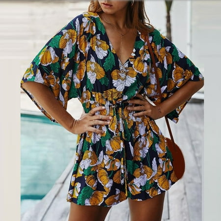

Rompers for women Women V-neck Retro Loose Floral Jumpsuit Holiday Style Casual One-piece Shorts CHMORA