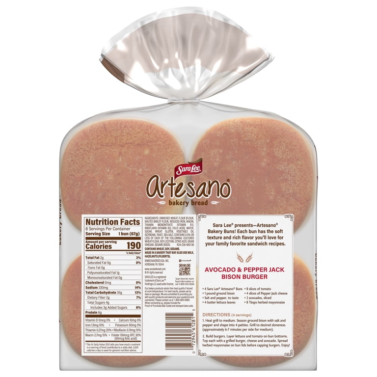 Sara Lee Healthy Artesano White Bakery Buns, 8 count, 19 oz Bag