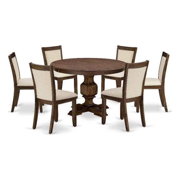 F3MZ7-NN-32 - Table and 6 Light Beige Linen Fabric Chairs - Antique Walnut Base