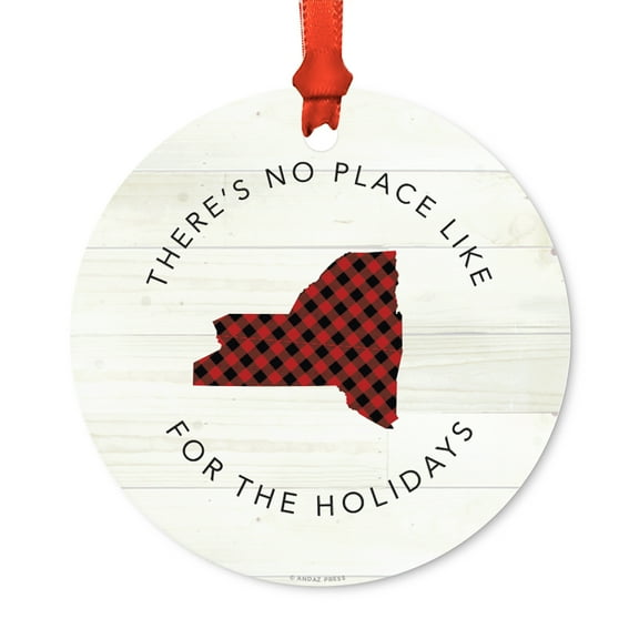 US State Round Metal Christmas Ornament, Red Plaid on Light Rustic Wood, New York, Includes Ribbon and Gift Bag