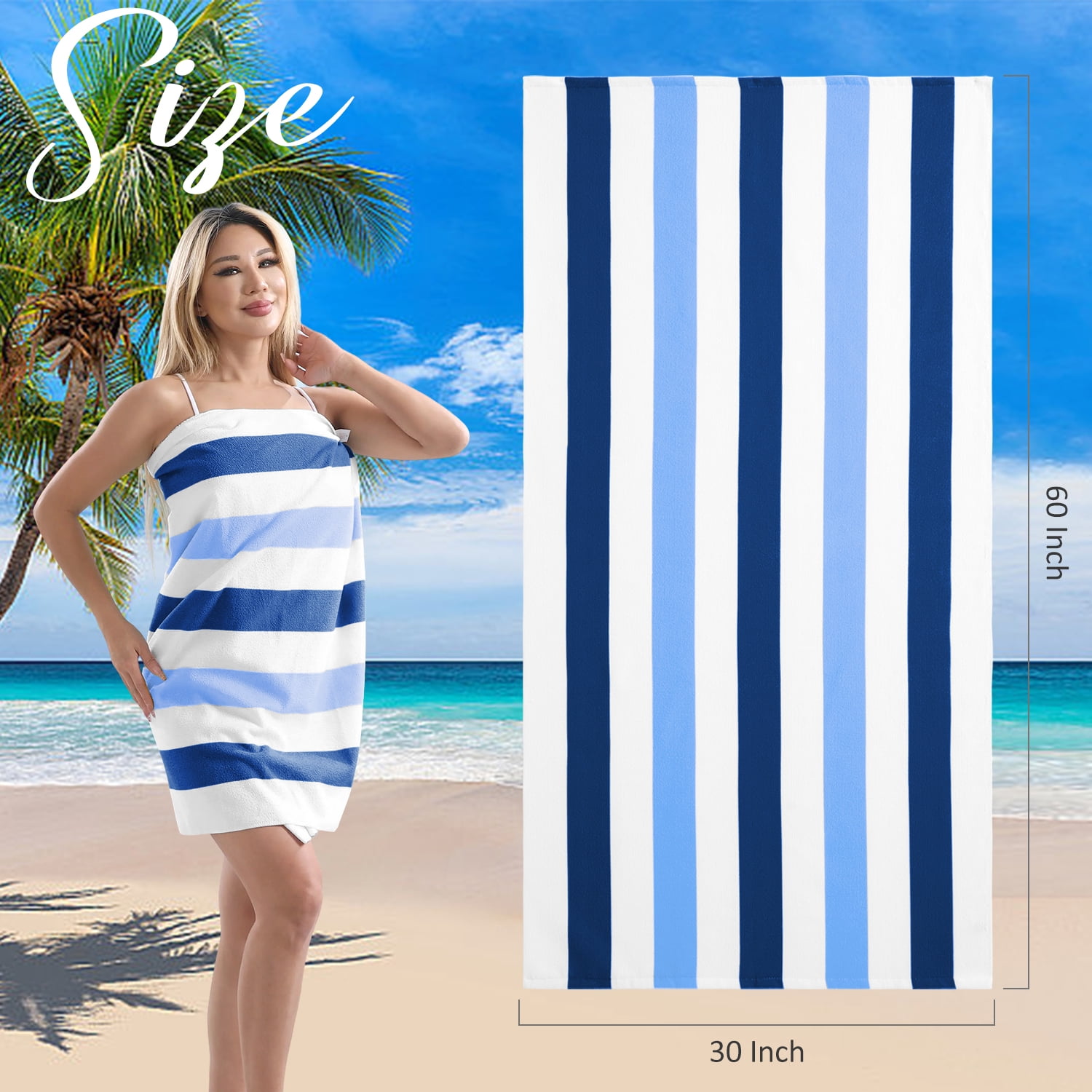 Smuge 4 Pack Cabana Stripe Beach Towels, 60x30 inches Microfiber Lightweight Outdoor Large Swim Towel for Adults (Navy Blue)