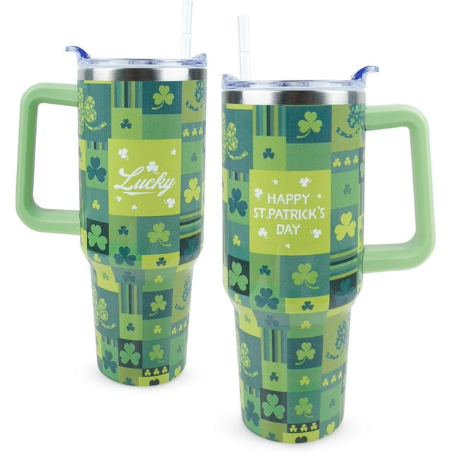 St Patricks Day Gifts 40 oz Tumbler with Handle and Straw Lid Leak Proof - Irish Shamrocks Coffee Mug Insulated Tumbler for Hot Cold Ice