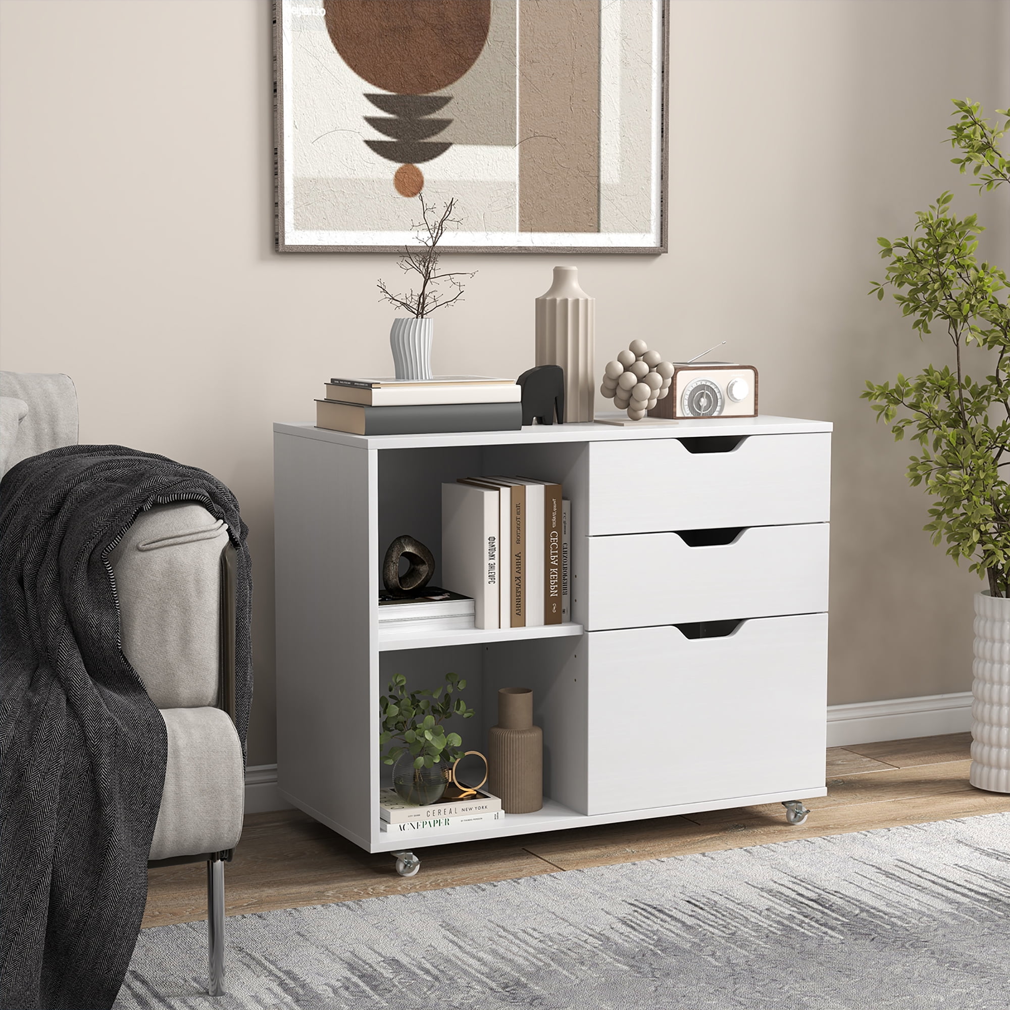 Gymax 3-Drawer Mobile File Cabinet w/ Open Adjustable Storage Shelf for Home Office White