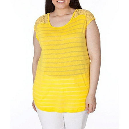 Plus Moda Women's Plus-Size Shadow Stripe Tee with Lace Shoulders