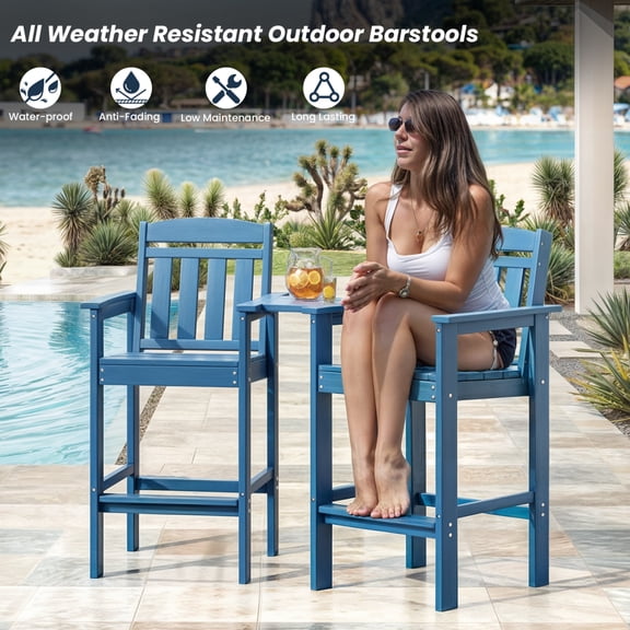 Set of 2 Tall HDPE Adirondack Bar Stools Bar Height Patio Chairs with Connecting Tray for Poolside & Backyard