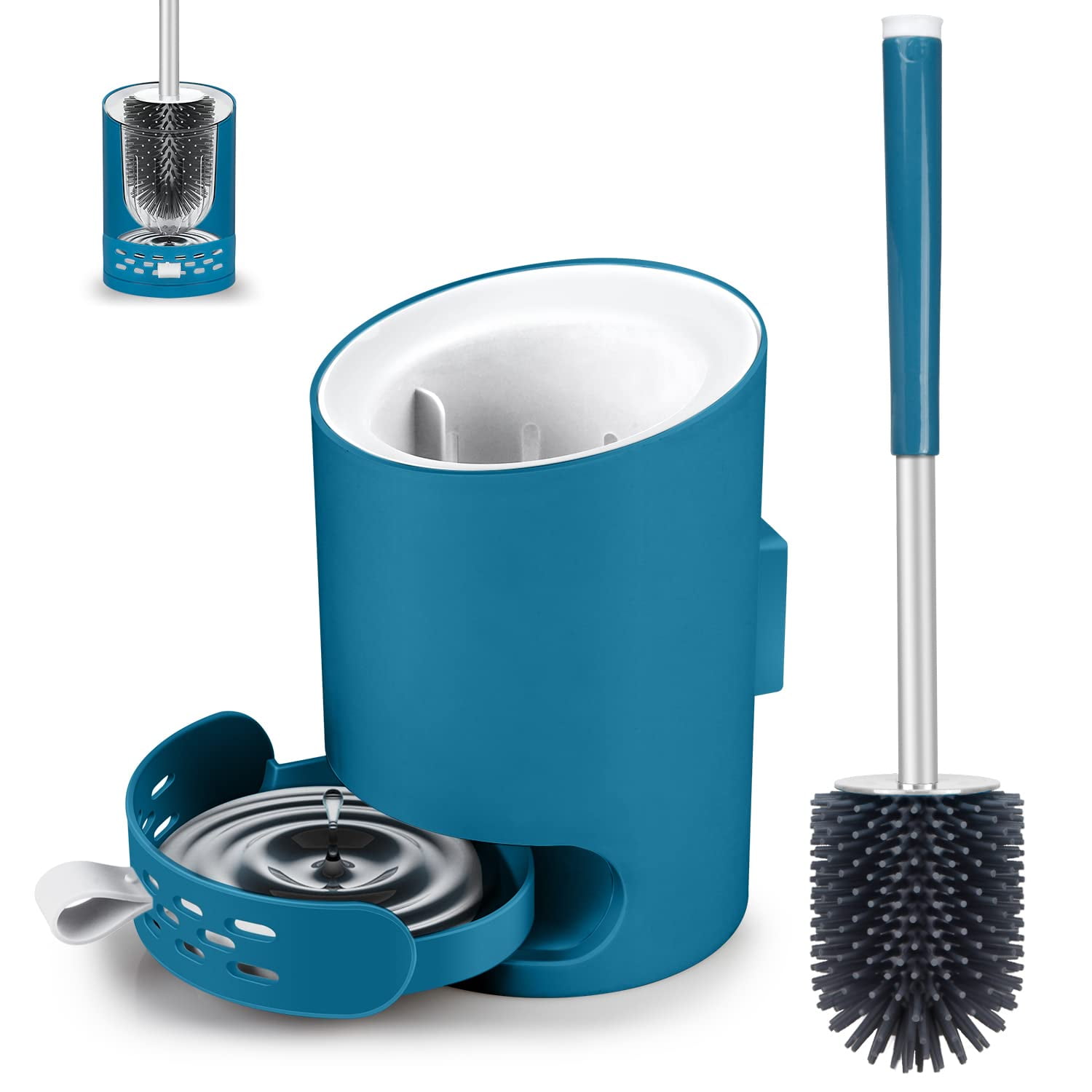 SUGARDAY Toilet Brush and Holder Set, Bathroom Toilet Bowl Brush and Caddy Silicone Scrub Brush with Holder Wall Mounted Floor Standing
