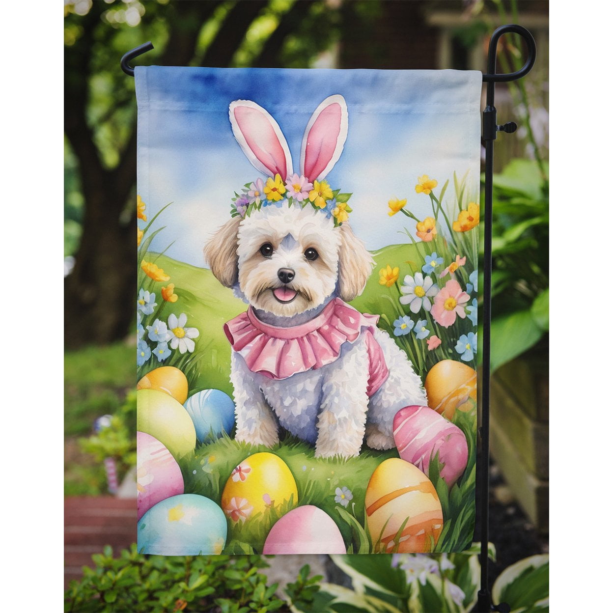 Maltipoo Easter Egg Hunt Garden Flag
