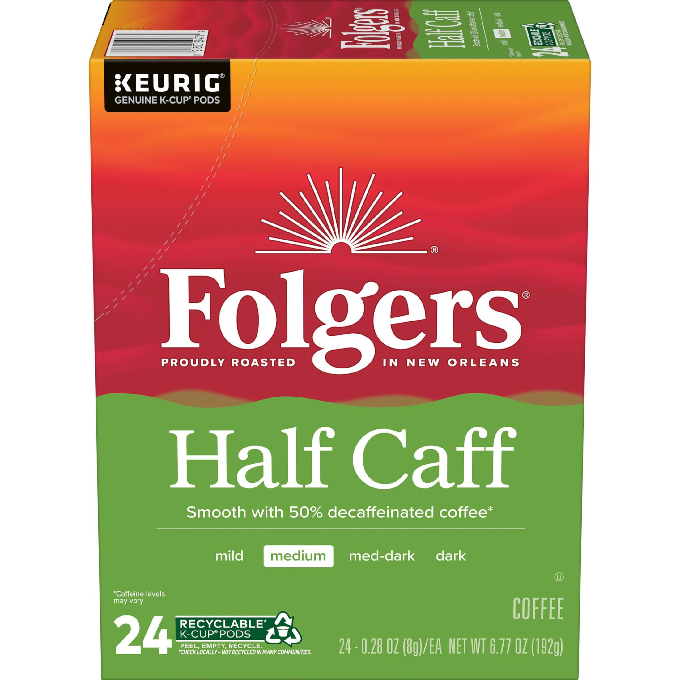 (4 pack) (4 pack) (Folgers 1/2 Caff Coffee, Medium Roast Coffee, Keurig K Cup Pods, 24 Count Box