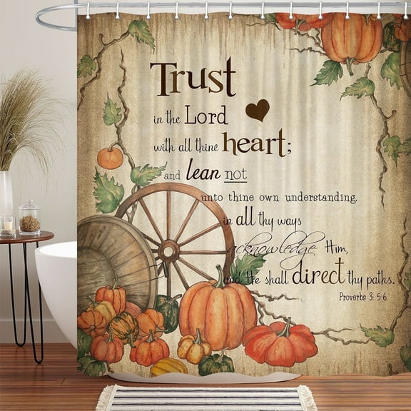 Cute Fall Quotes Shower Curtain, Farmhouse Pumpkin Retro Autumn Thanksgiving Harvest Fabric Shower Curtains Set for Bathroom, Inspirational Rustic Restroom Decor Accessories with Hooks 72X 72 Inch