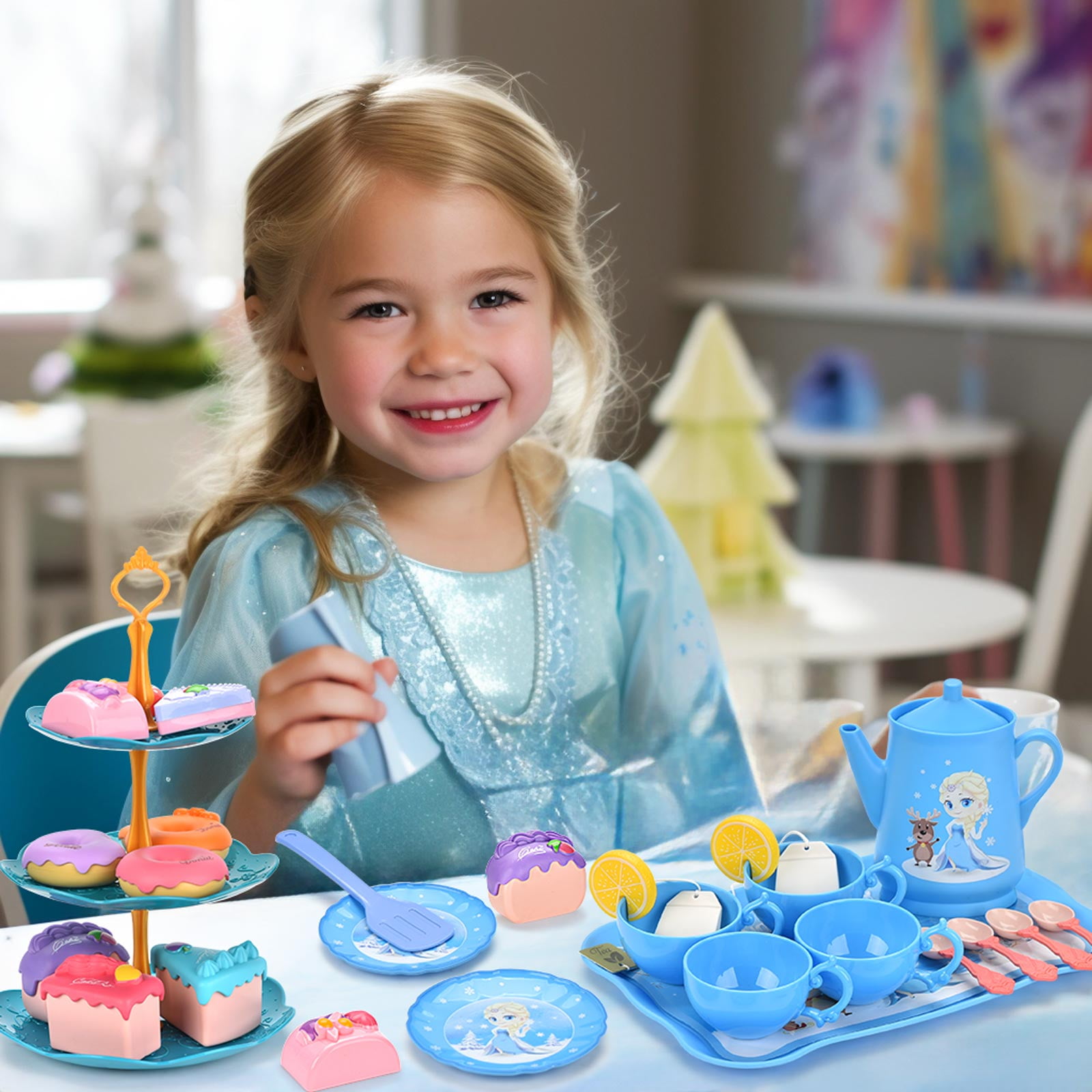 Amplov 44-Piece Princess Tea Set for Girls Ages 3–6, Toddler Pretend Tea Party Playset with Teapots, Plates, Cups, Spoons – Gift for Kids Kitchen Play