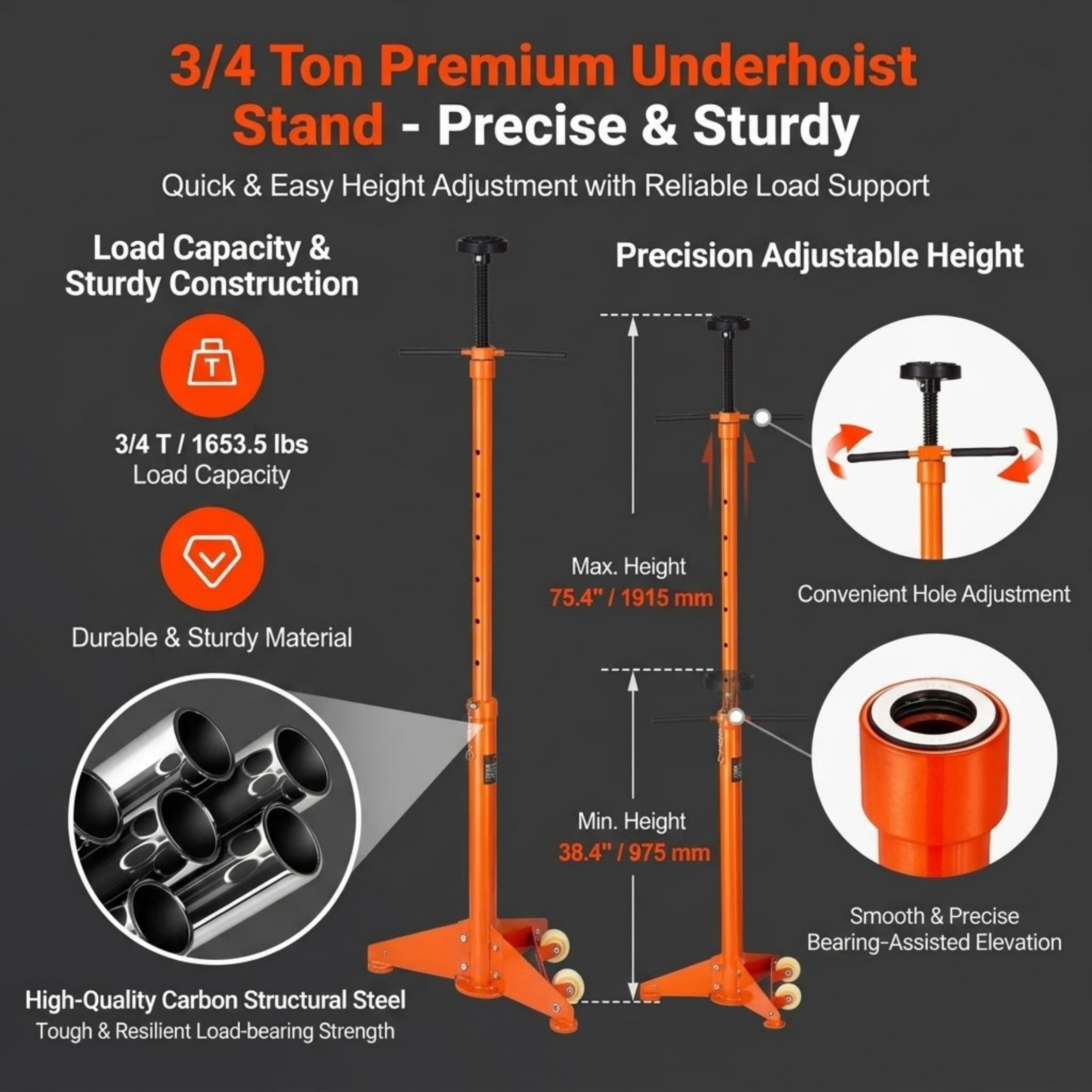 3/4 Ton Underhoist Support Stand, 38.4" to 75.4" Adjustable Jack Stand with Spin Handle and Wheels, Heavy Duty Vehicle Component Support