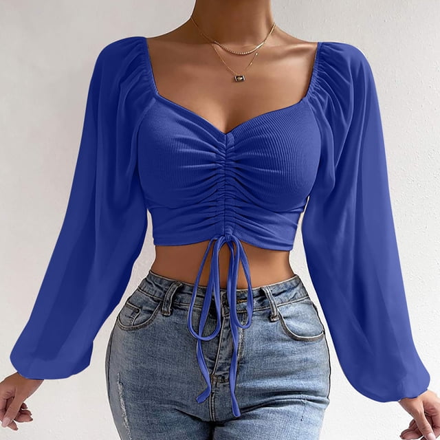 Blusa Recortada Fiudx Liquidación de Ahorros de Verano Cuello en V y Cordón de Malla Larga Mujer