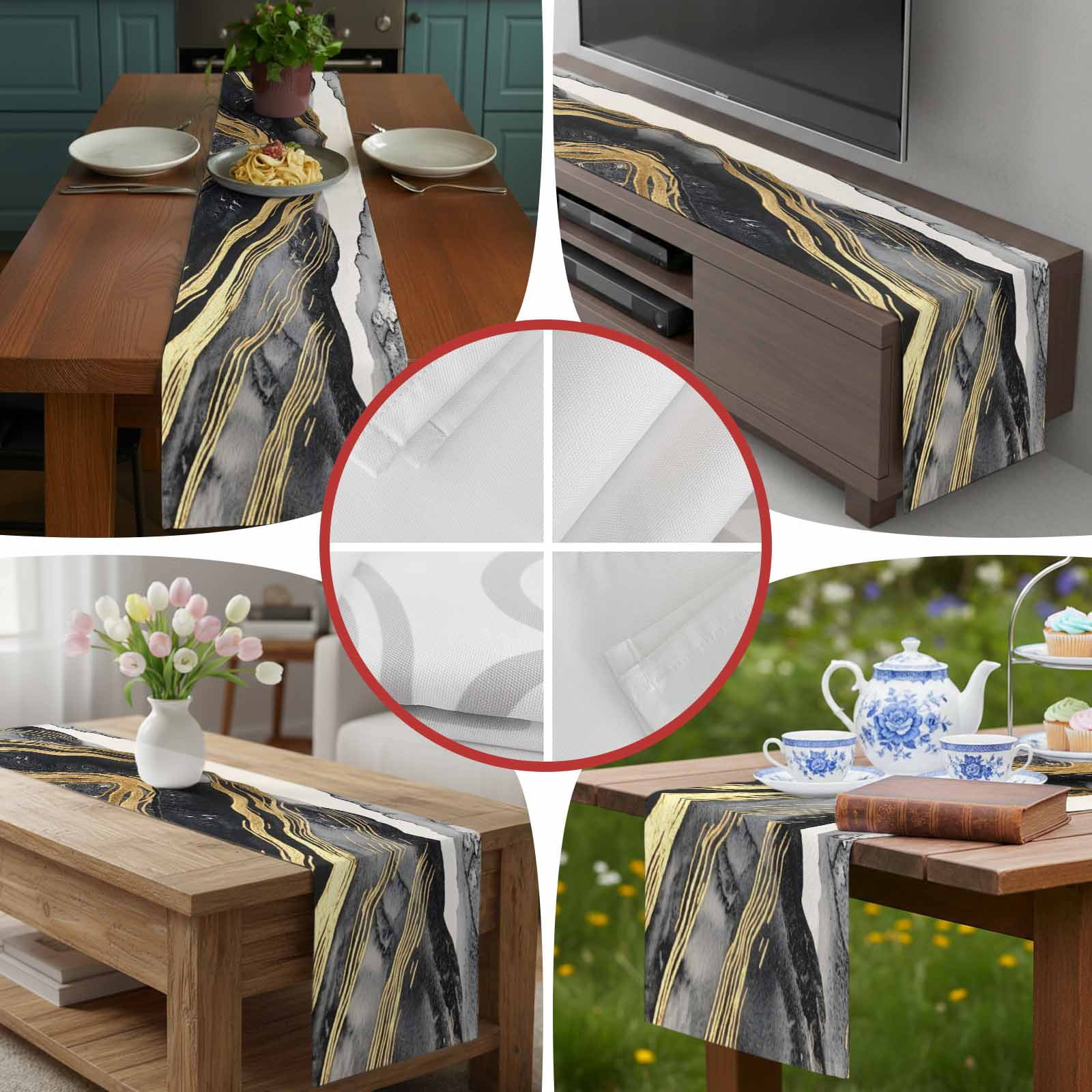 Gray Marble Abstract Stripe Table Runner 90 Inches Long, Gold Foil Modern Luxury Table Runners Tabletop Scarf Kitchen Dining Tables Decoration for Home Party Indoor Outdoor