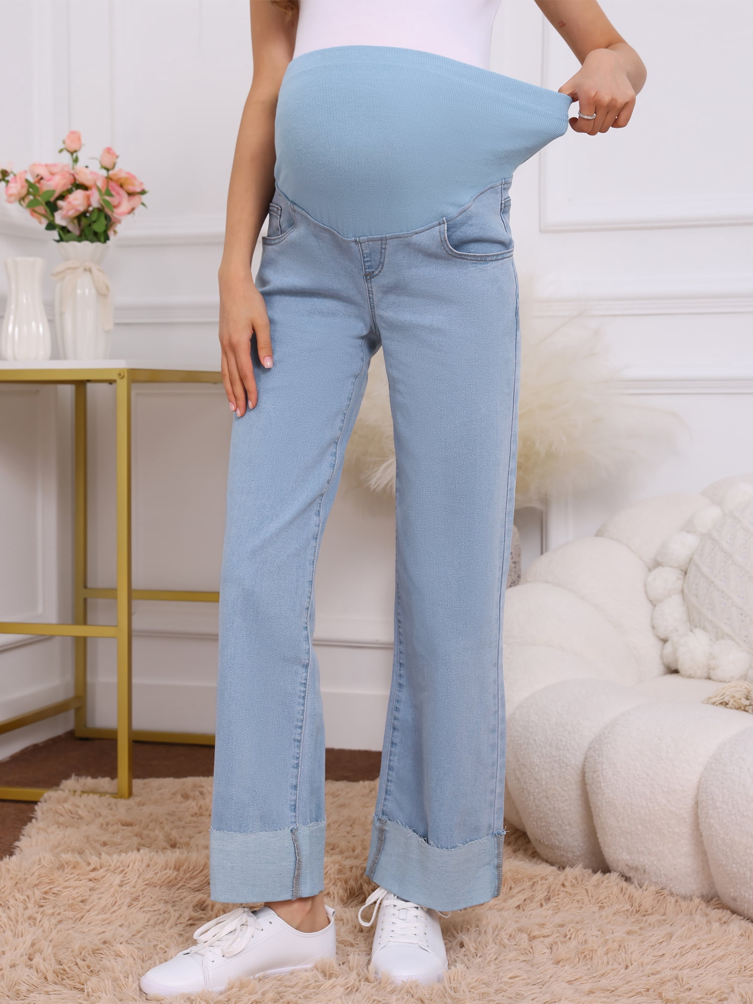DARING DIVA Women's Maternity Cuffed High Stretchy Over the Belly Pants XL Blue