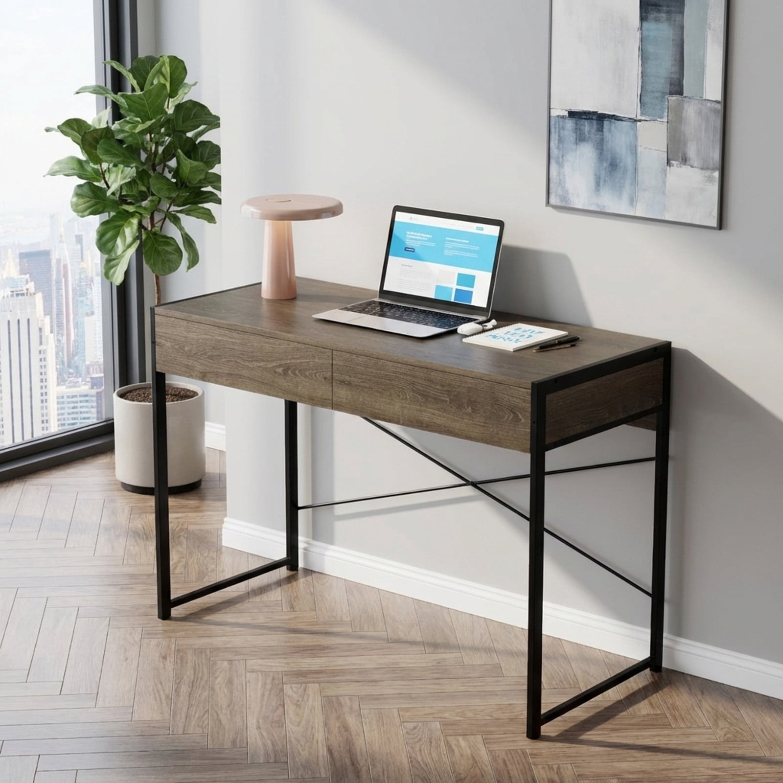 Furnibear 44 Inch Computer Desk with 2 Drawers Home Office Writing Desk Metal Frame X Bracket Engineered Wood Top 200 lbs Capacity Oak