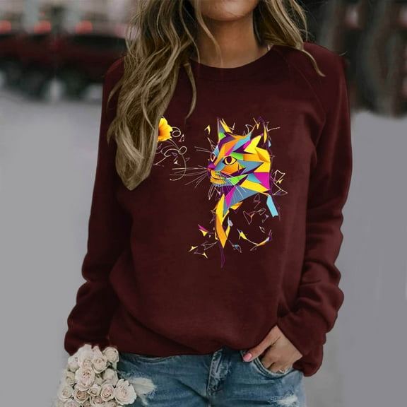 Women's Casual Round Neck Raglan Long Sleeved Colorful Sunflower Cat Print Pullover Sweatshirt Sweater Hooded Zippe Sweatshirt Ladies Zip up Jackets Decorative Hoodies Sweatshirt Hoodies Women Clothes