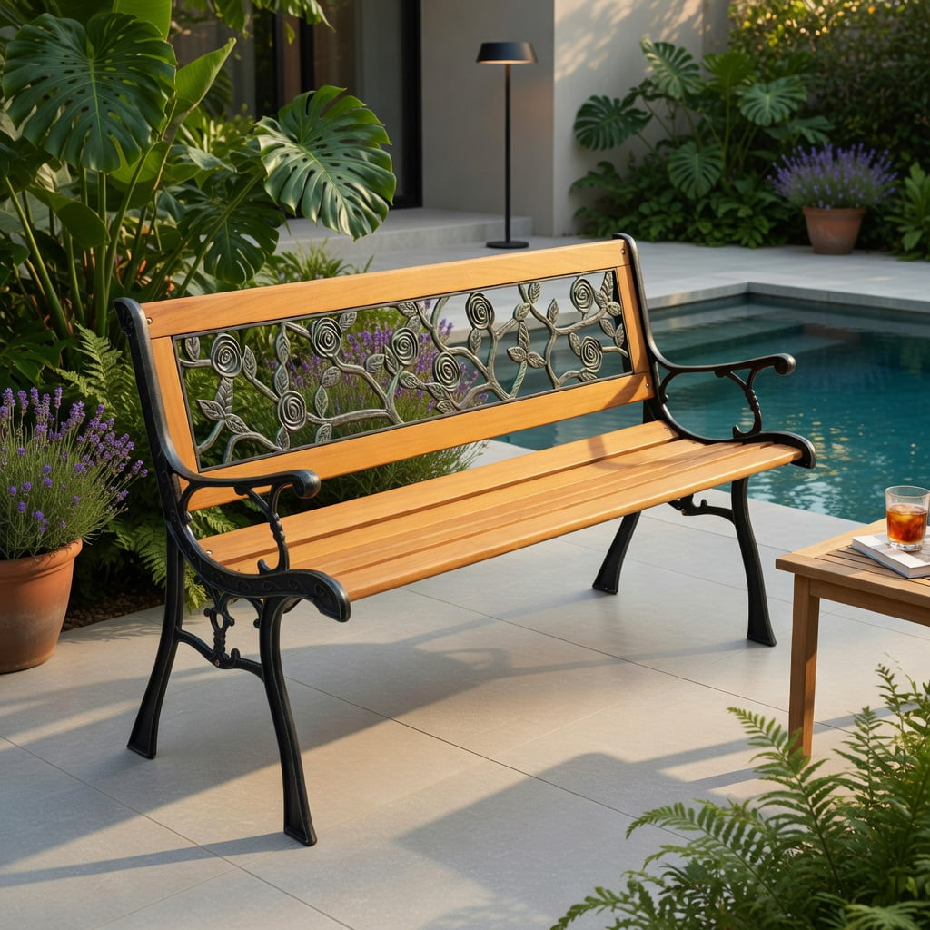 Hommoo 49.5" Cast Iron & Solid Wood Outdoor Garden Bench, Patio, Porch, or Yard Seating, Black + Natural
