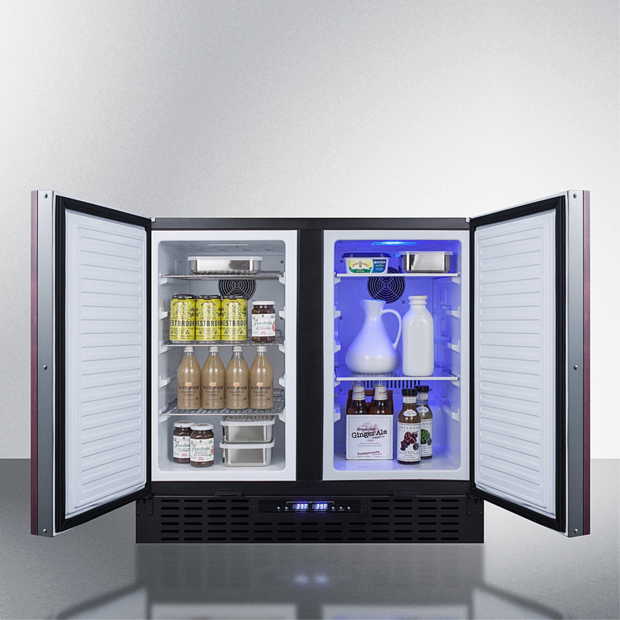 36" wide frost-free side-by-side undercounter refrigerator-freezer black cabinet, panel-ready doors, and digital controls
