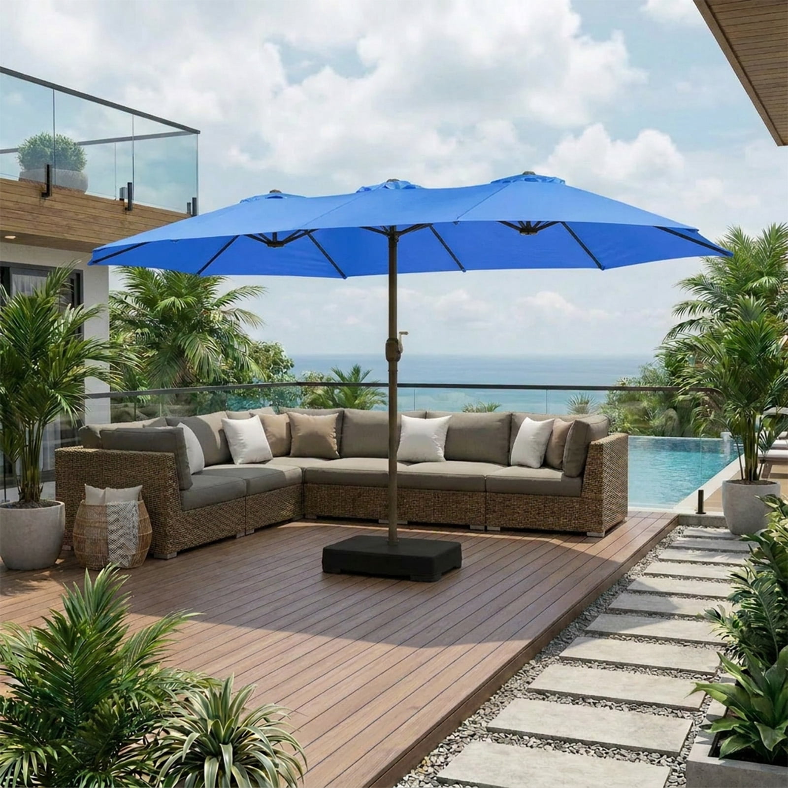 BPS 15ft Patio Umbrella with Base, Rectangle Outdoor Umbrella with Stand for Poolside, Lawn, and Backyard - Blue