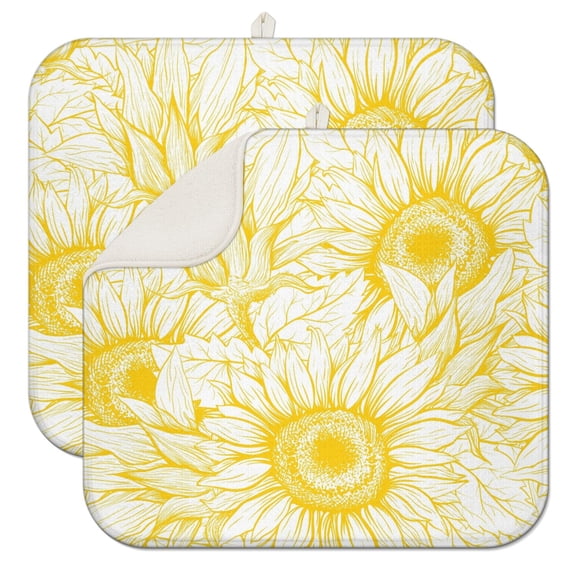2 Pcs Sunflowers Dish Drying Mat - 16 X 18 Inch Floral Absorbent Microfiber Kitchen Counter Mat – Quick-Dry Dish Rack Alternative, Dish Drying Pad for Dishes, Cups, Utensils, Pots & Pans