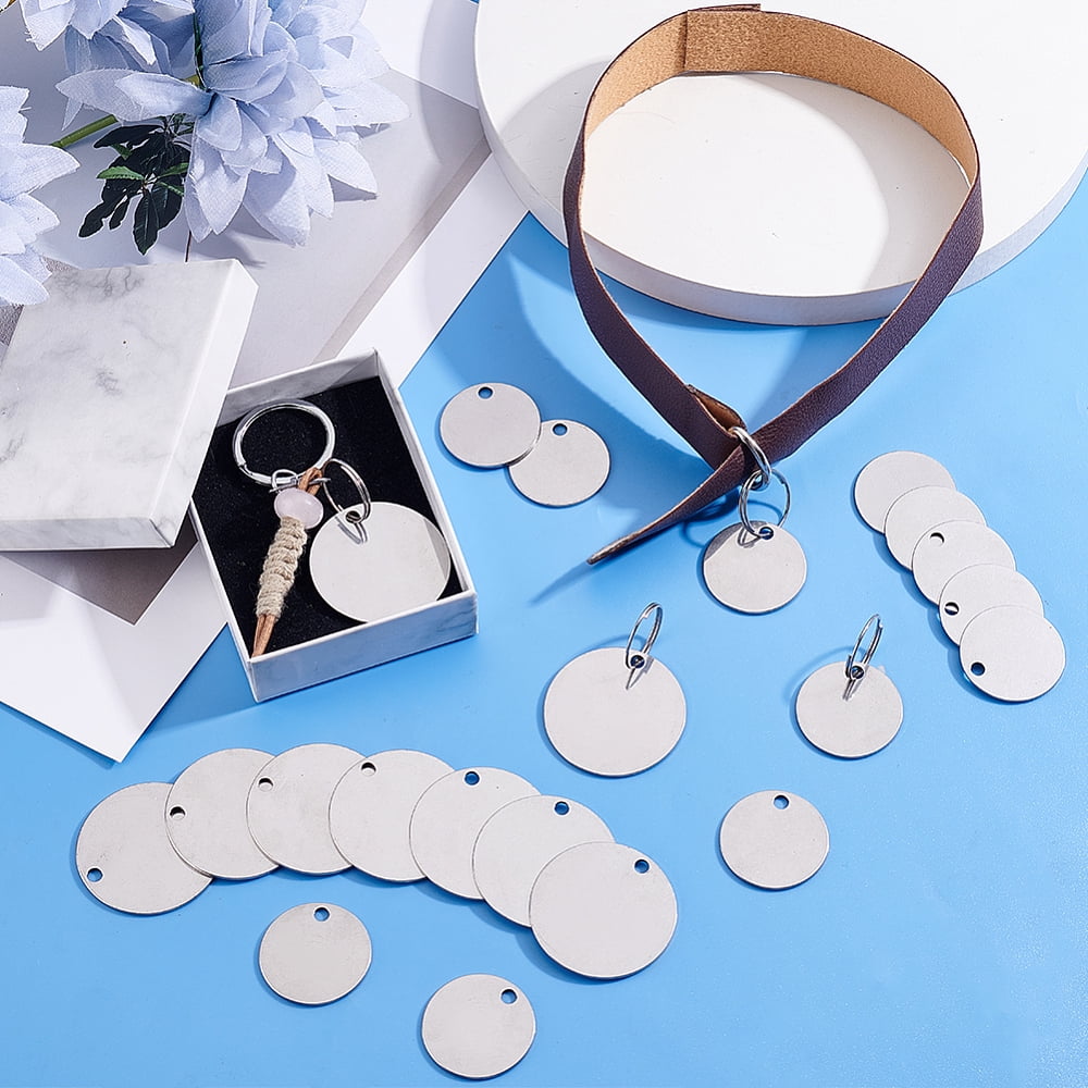 50pcs 2 Sizes Round Stamping Blanks Stainless Steel Blank Tags with Hole Blank Metal Charms with 50pcs Key Rings for Engraving 1.2/1.6 inch