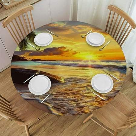 

Patifu Sunset Palm Tree Surfboard Round Table Cover Stain Resistant Washable Indoor Outdoor Tablecloth Kitchen Dining Wedding Parties Elastic Edge 100% Polyester Fiber 38-42
