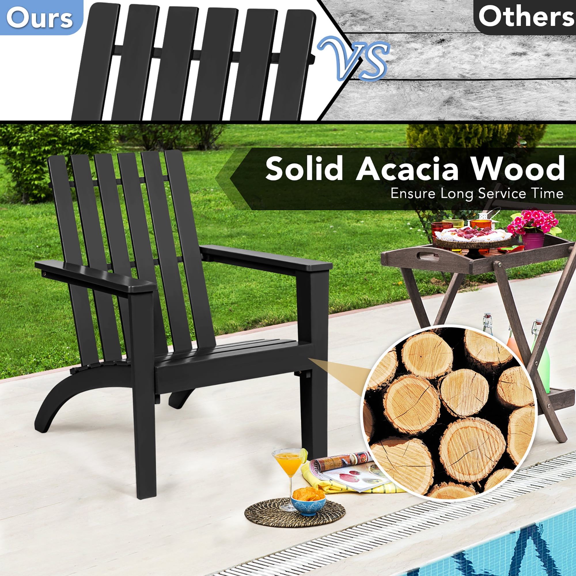 Costway Patio Adirondack Chair Acacia Wood Lounge Armrest Garden Deck Black