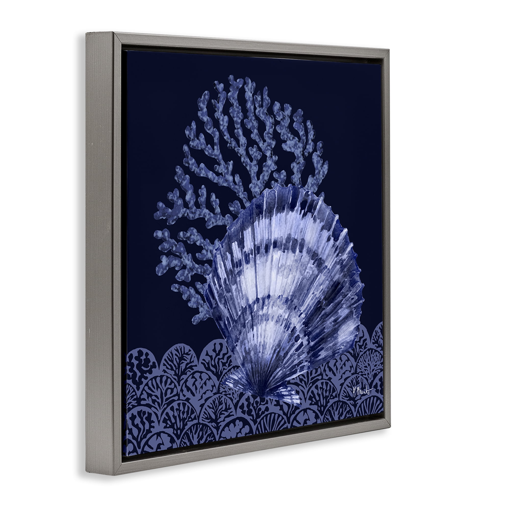 Stupell Industries Shadowed Clam Still Life Nautical & Beach Painting Gray Floater Framed Canvas Art Print Wall Art, 18 x 18
