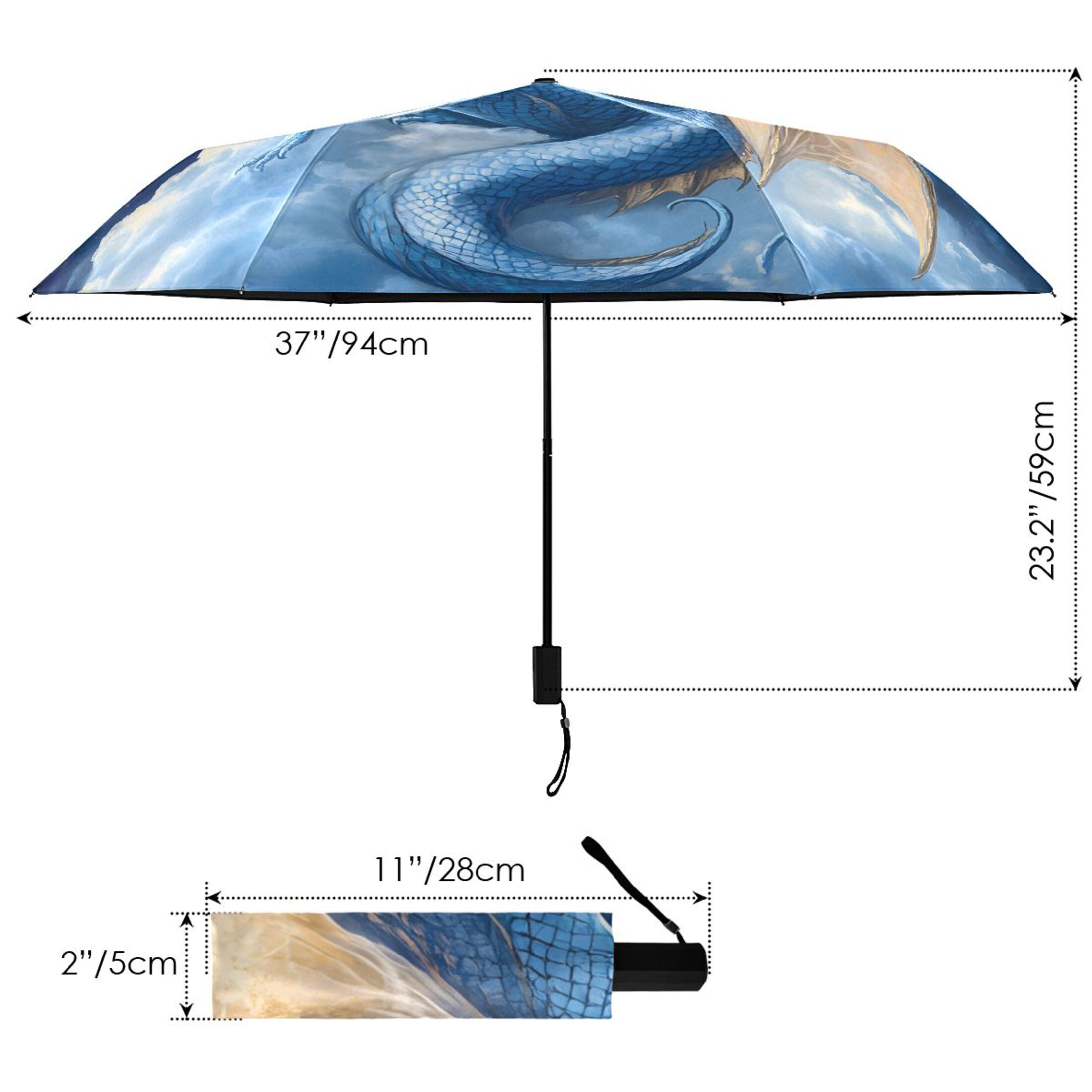 Dragon with Wing on Cloud Moon All Weather Umbrella Triple Folding Parasol 6 Ribs UV Protection Portable