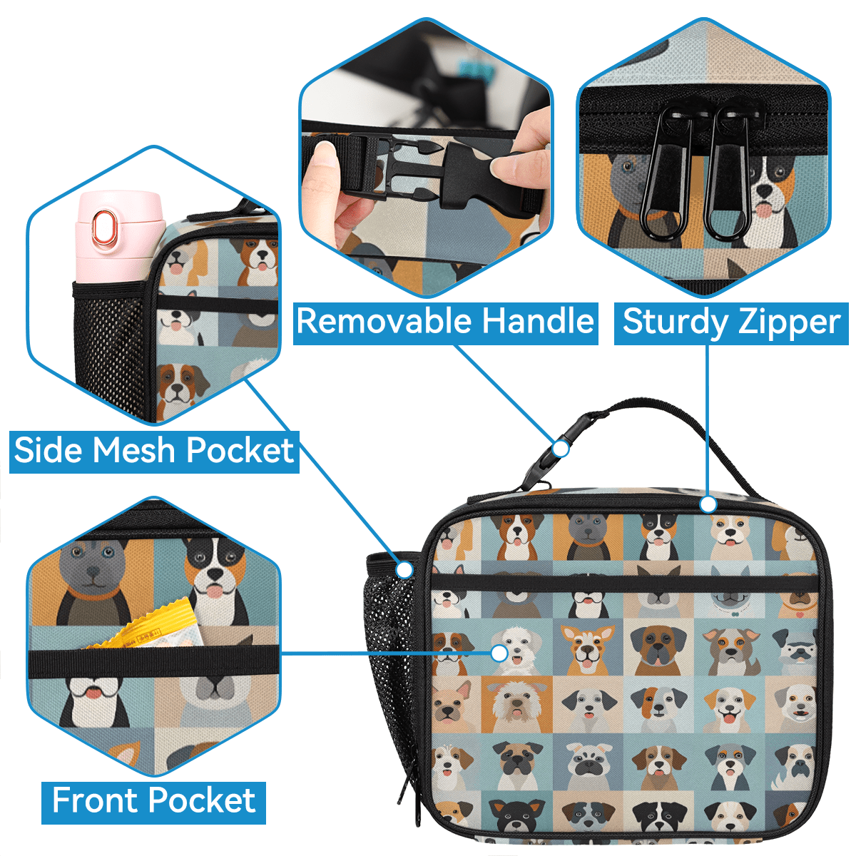 Herdesigns Cute Animal Dogs Puppy Large Backpack Set with Lunch Box Lightweight Water Resistant Travel Laptop Backpacks Casual Daypacks for Women Men