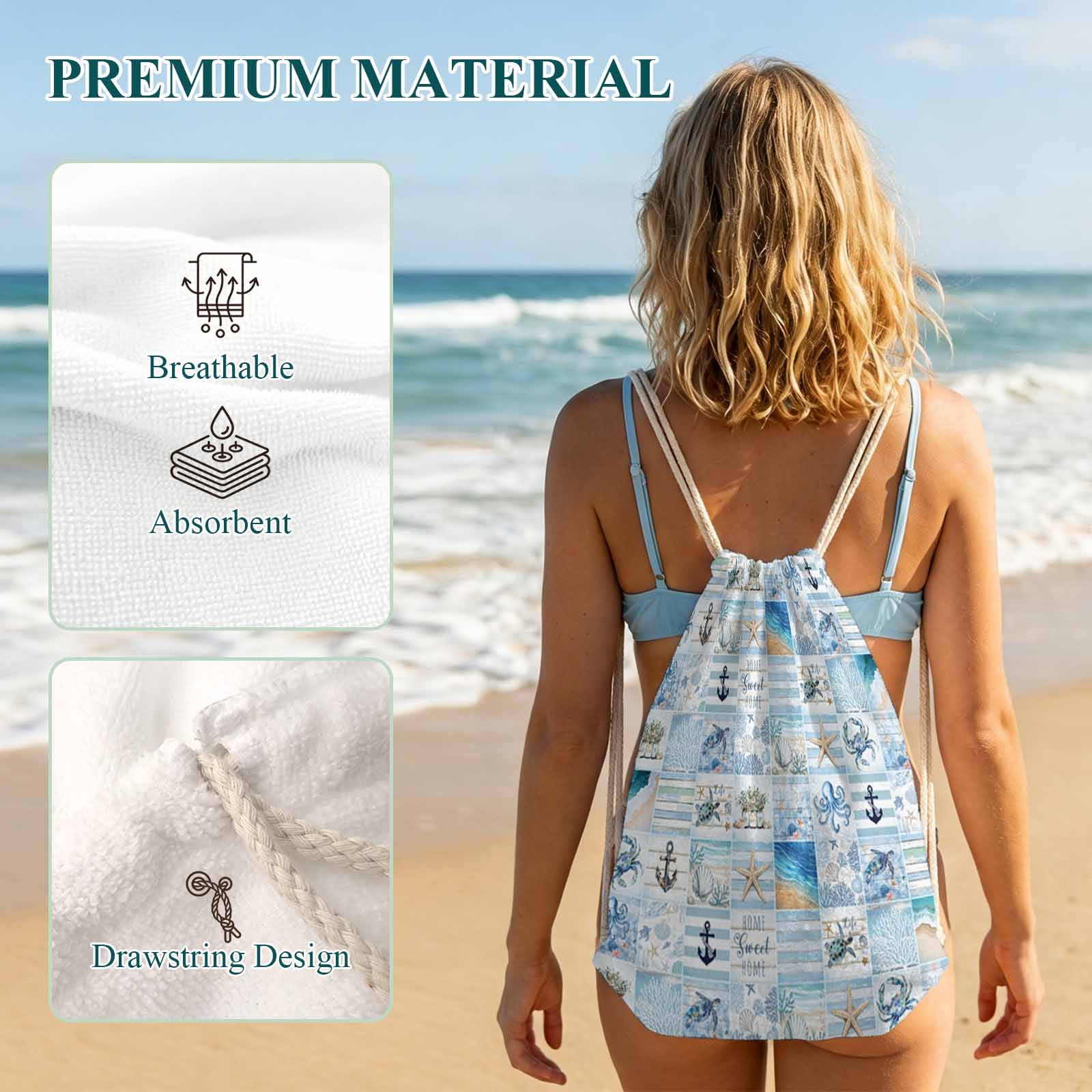 Beach Towel Bag 2 in 1 Anchor Marine Life Bath Pool Towels Backpack Ocean Beach Blue Plaid Absorbent Beach Towel Soft Quick Dry Lightweight Towels Drawstring Bag for Travel Camping Sports Picnic