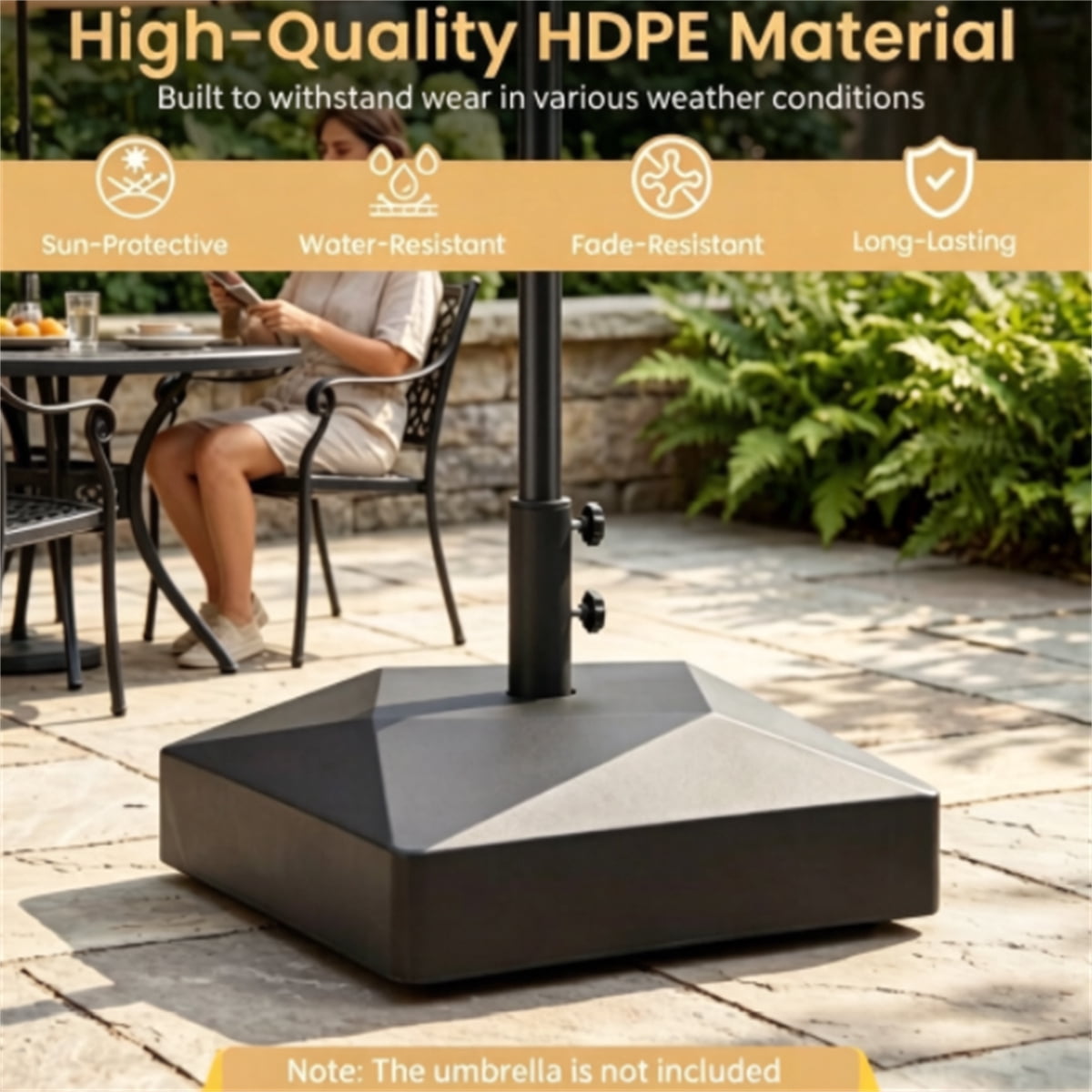 Black Fillable HDPE Patio Umbrella Base with 4 Lockable Rolling Wheels Heavy‑Duty Water Sand Weighted Umbrella Stand for 6‑10ft Outdoor Umbrellas