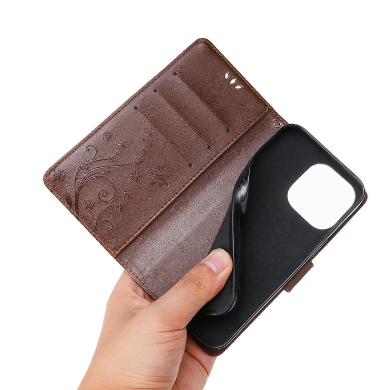 Magnetic Clasp Flip Stand Case For IPhone 16 Pro Max With Lanyard 5-Card Holder Butterfly Flower Multi-card Zipper Wallet Leather Phone Case,Mint