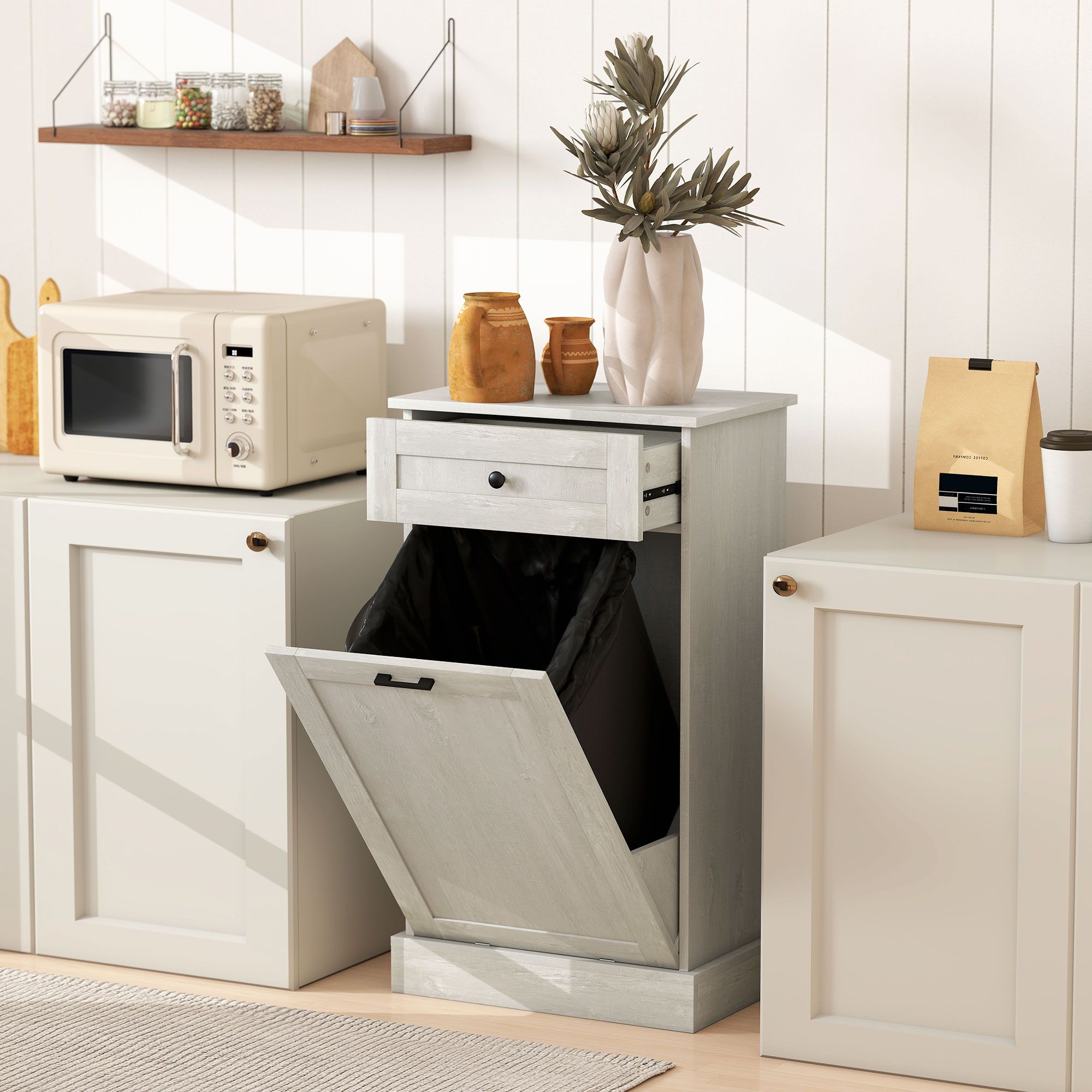 Tilt Out Trash Bin Cabinet with Drawer, Freestanding Kitchen Storage Cabinet, Particle Board and Wood, 20 in Wide, Holds 10 Gallon Trash Can