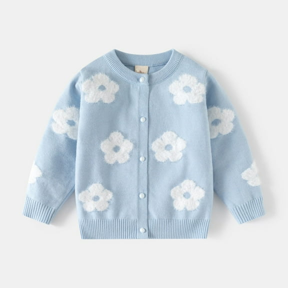 ZHOGXU Big Kids Girls Cardigan Long Sleeve Knit Open Front Buttons Flower Print Warm Comfortable Sweater Top For Daily Wear Blue 2-3 Years