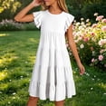 thumbnail image 2 of Little Girls Dresses Solid Color Round Neck Puff Sleeve Kids Party Outfit Girls Beach Dress Size 6-7T, 2 of 6