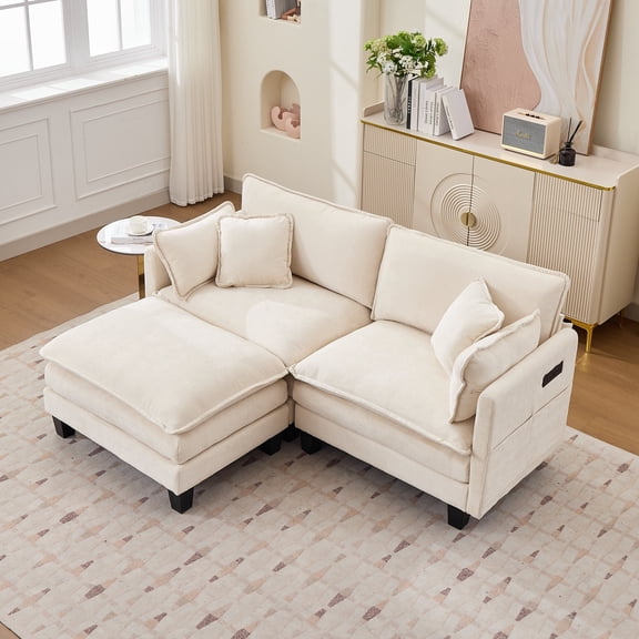 Modular Sectional Sofa with Movable Ottoman, 75" 3-Seat Modern Couches for Living Room, Comfy L Shaped Couch Set with Deep Seat for Office and Apartment, Beige Chenille Fabric