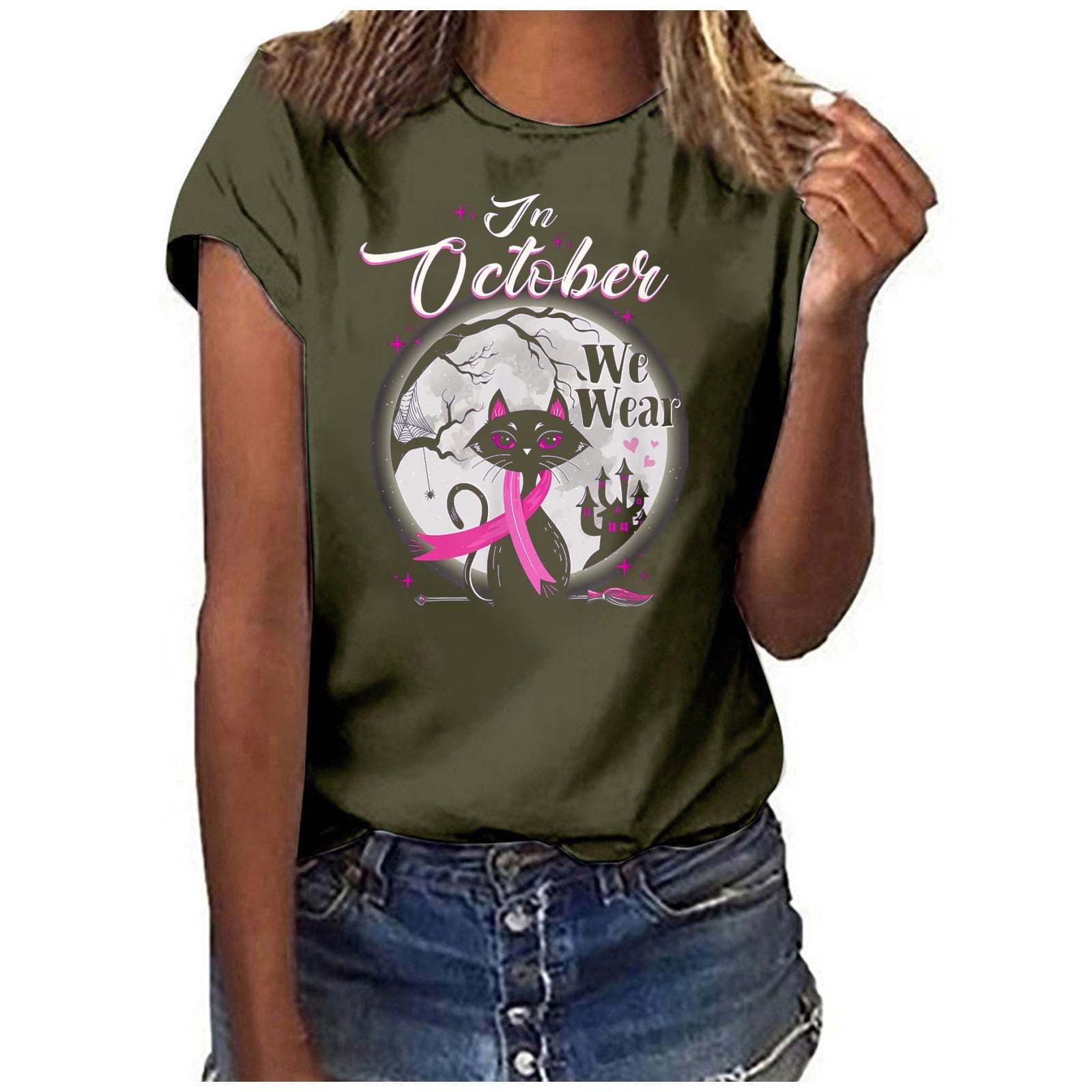 Pink Ribbon Shirts for Women Cute Cat Graphic Short Sleeve Tee Shirts Casual Summer Round Neck T