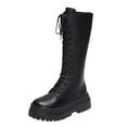 thumbnail image 2 of Viluyesy Womens Mid Calf Combat Boots Round Toe Lug Sole Platform Faux Leather Lace Up Side Zipper Streetwear Casual Boots Black Size US7.5, 2 of 9