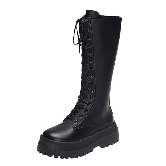 Women's Mid-Calf Boots Round Toe Side Zipper Lace-Up Platform Mid Heel Comfort Boots, Black Beige