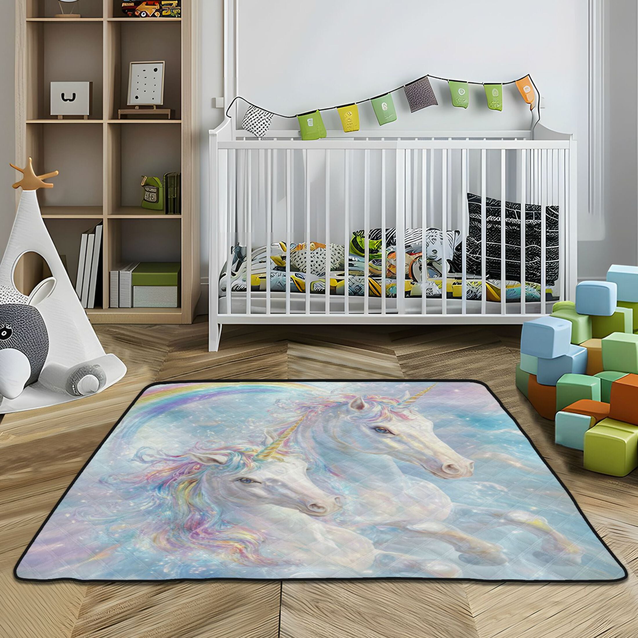 WOBOGO Rainbow Unicorns Baby Playmats Extra Large Waterproof Rollable Activity Pads for Toddlers 50×50inch